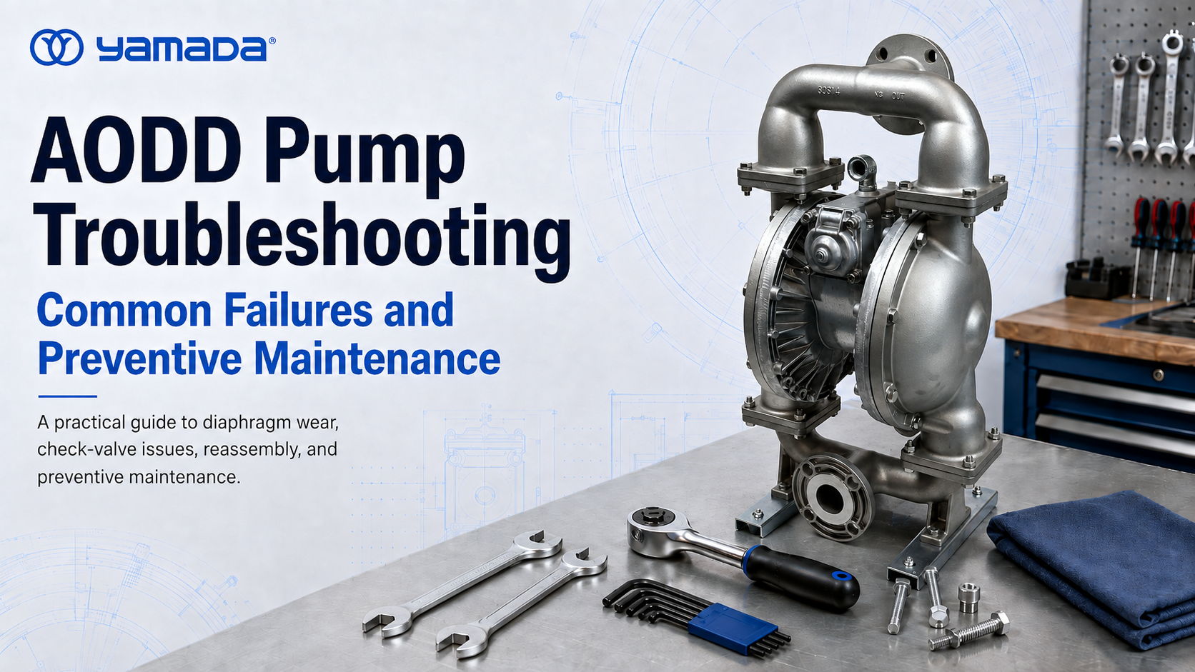 Yamada AODD pump on a maintenance workbench with tools for troubleshooting and preventive maintenance