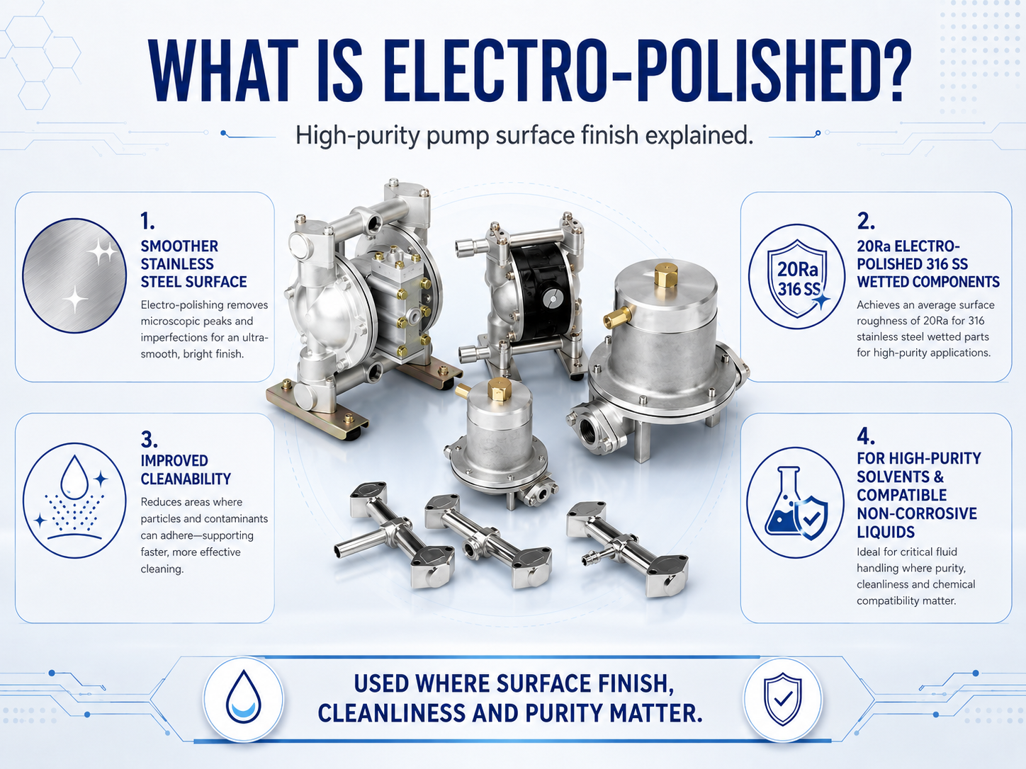 Electro-polished stainless steel diaphragm pump graphic showing smooth 316 stainless steel wetted components for high-purity fluid transfer.