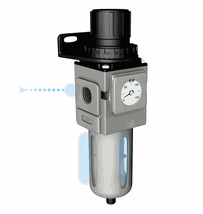 Diagram of a compressed air filter regulator showing air filtration and pressure control before air reaches an air-operated diaphragm pump.