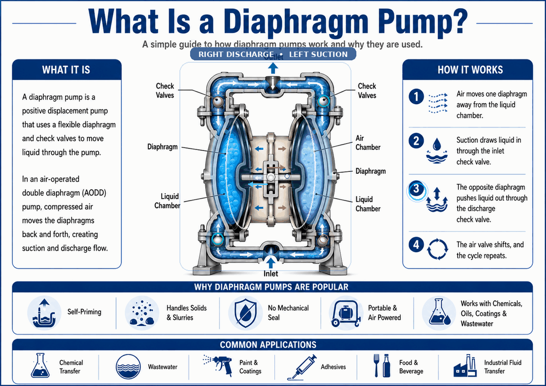 Diagram explaining what a diaphragm pump is and how an air-operated double diaphragm pump moves fluid through inlet, outlet, check valves and diaphragms.